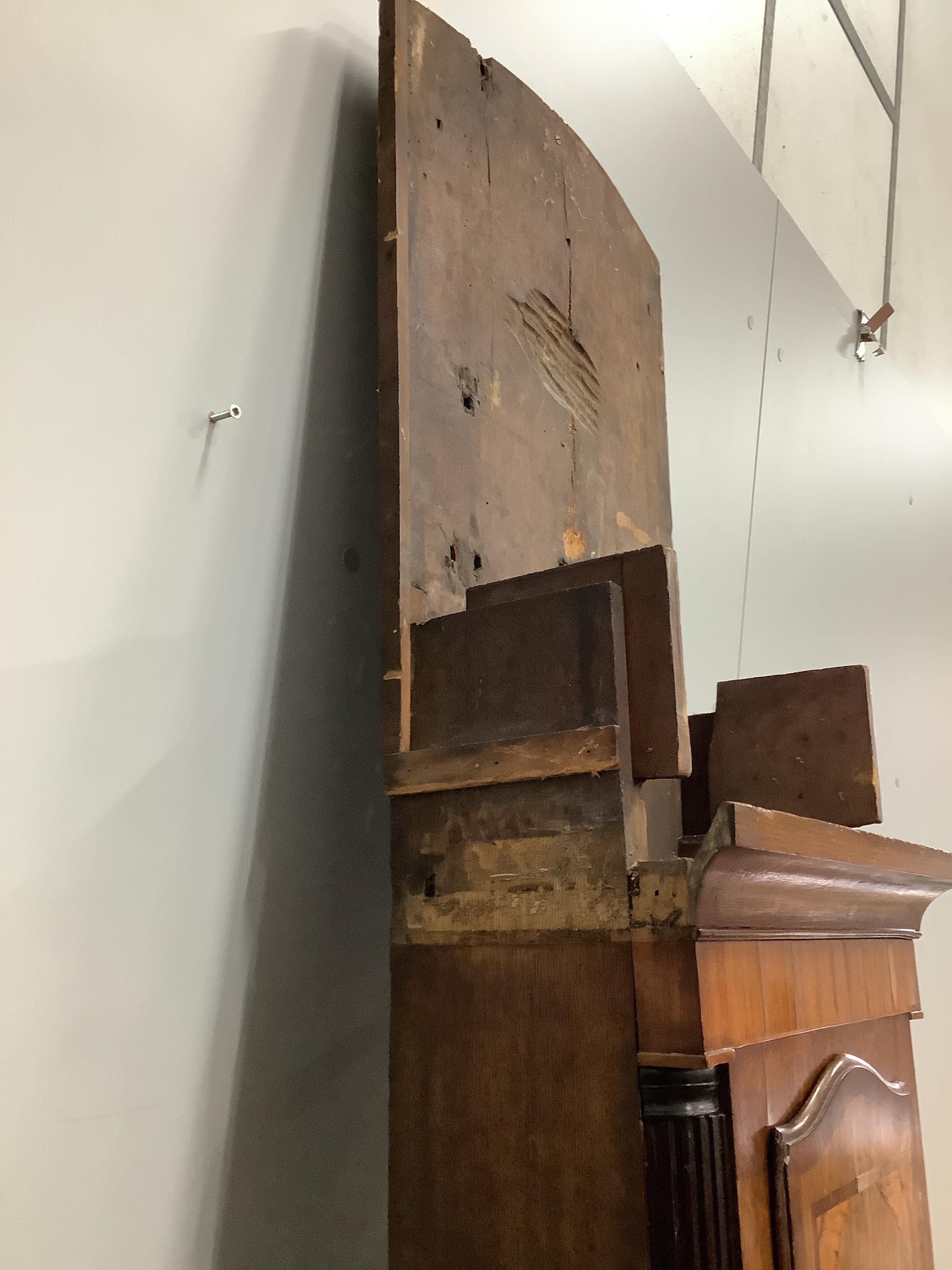 An early 19th century inlaid oak eight day longcase clock, marked Edward Heys, Brindle, in need of restoration, missing a weight and pendulum, height 232cm